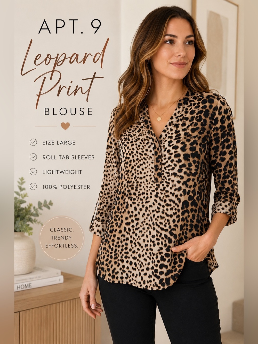 APT 9 Leopard Print Blouse Womens L Animal Print Roll Tab 3/4 Sleeve Top